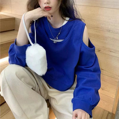 Spring Autumn Casual Fashion Hollow Out Sweatshirt Ladies Loose All-match Off the Shoulder Top Women Korean Style Solid Pullover