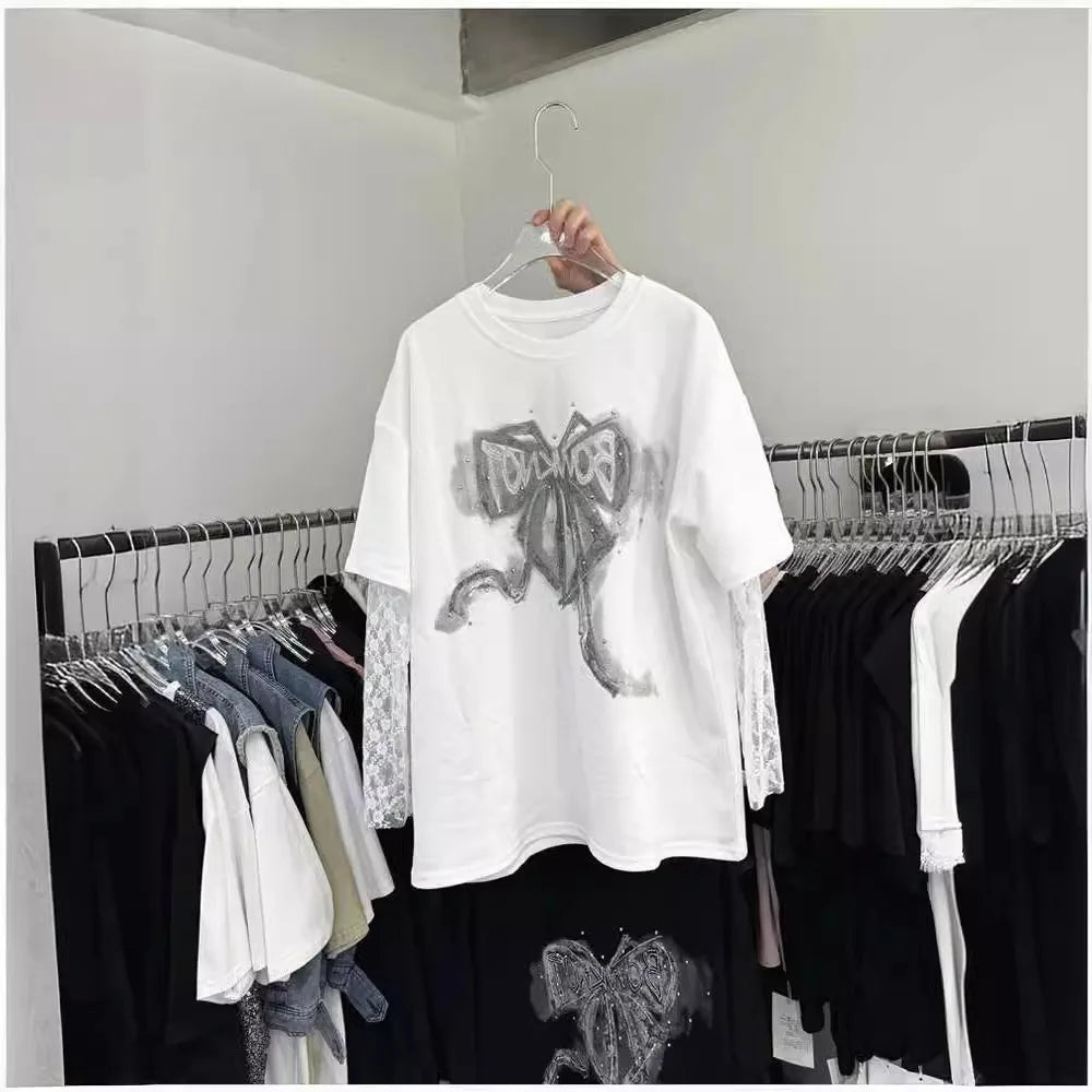 T Shirt Women 2024 Summer New Loose Lace Sleeve Fake Two Short Sleeve T-Shirt  Women Clothes