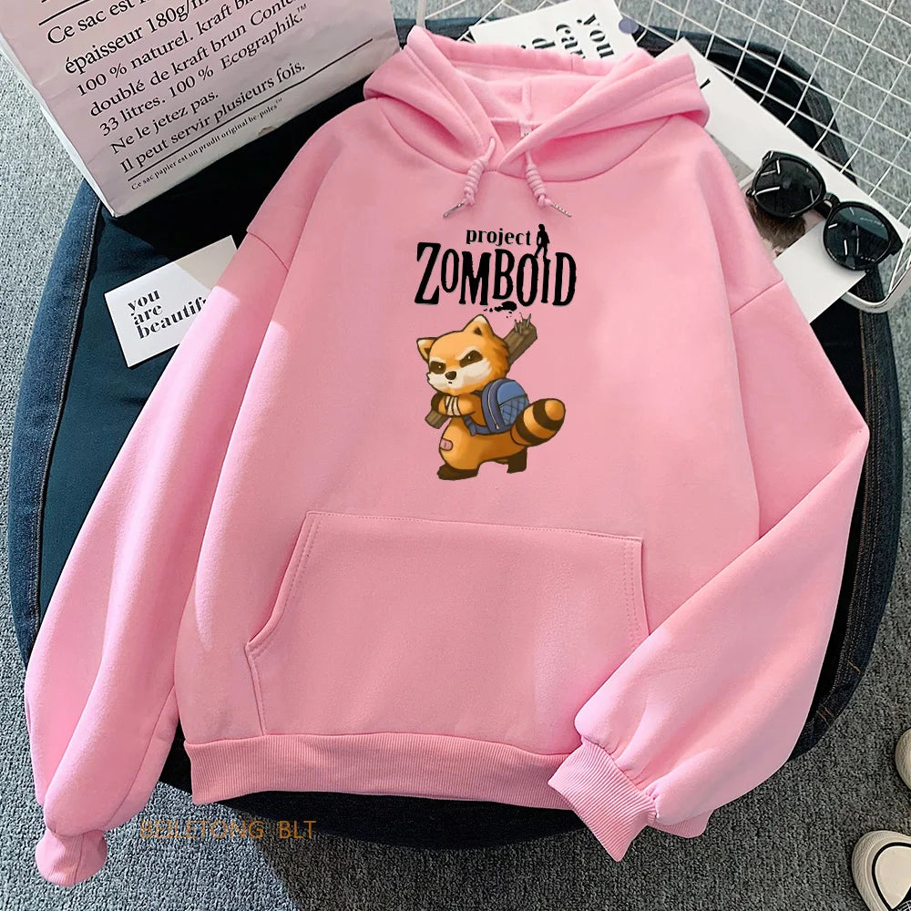 Game Project Zomboid Spiffo Raccoon Hoodies Long Sleeve Women/Men Winter Sweatshirts Kawaii Cartoon Graphic Printing Hoody Cute