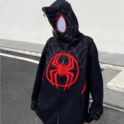 Women Y2K Zip Up Hoodies Casual Loose Sweatshirt Oversized Aesthetic Tops Harajuku Spider Web Print Gothic Pocket Retro Hoodie