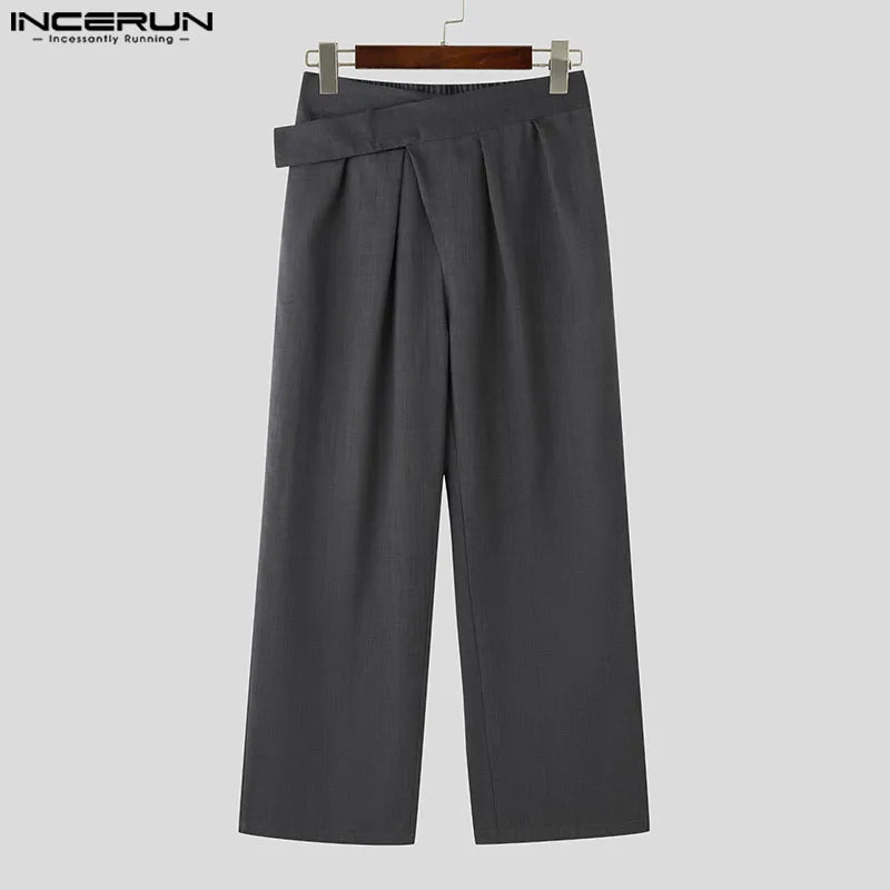 INCERUN Men Pants Solid Color Loose Joggers Casual Straight Trousers Men Streetwear 2024 Pleated Korean Style Fashion Long Pants