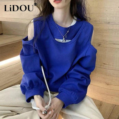 Spring Autumn Casual Fashion Hollow Out Sweatshirt Ladies Loose All-match Off the Shoulder Top Women Korean Style Solid Pullover