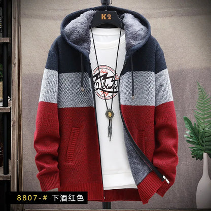 2025 Winter Men Sweater Add Velvet Cardigan Patchwork Color Stand Collar Male Casual Zipper Knitted Thick Warm Sweatercoat