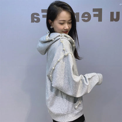 This year's popular super good-looking gray pearl hoodie coat female 2024 autumn new loose casual cardigan top