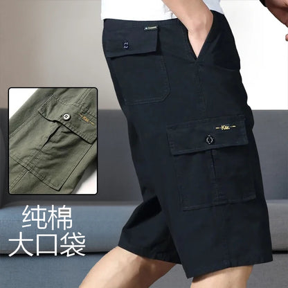 Mens Cargo Shorts Knee Pants Zipper Pocket Summer Cotton Shorts Climbing Jogger Elastic Waist Sports Wear