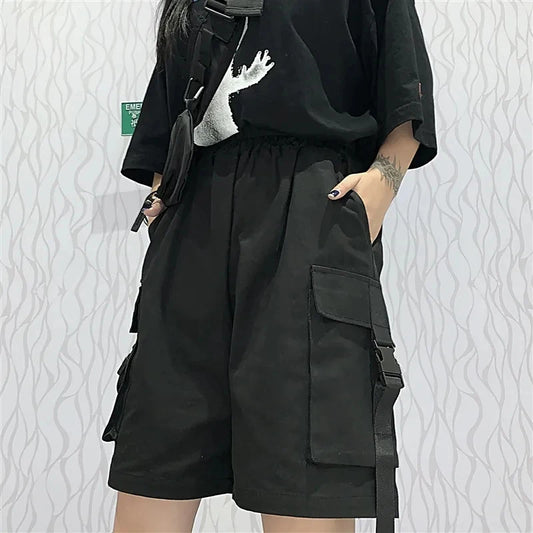 Gothic Black Cargo Shorts Women Summer Streetwear Couple Wide Leg Shorts Woman Harajuku Big Pockets Knee Length Pants 4Xl