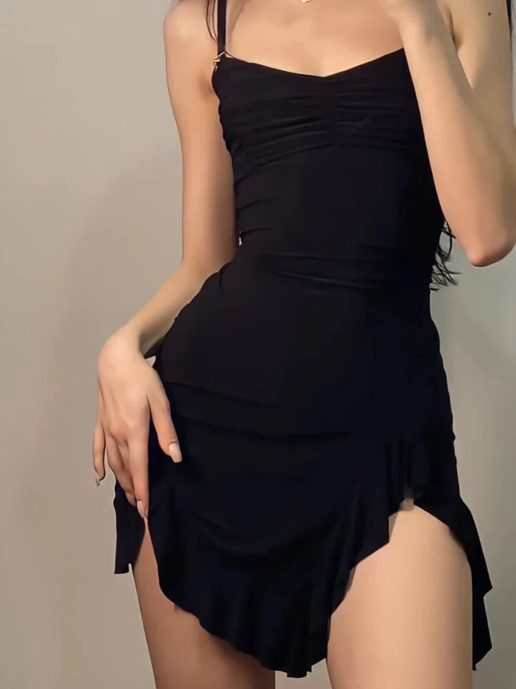 Women Sexy Side Slit Ruffled Mini Dress Sleeveless Spaghetti Strap Dress for Parties and Clubs Solid Pull Cord Separate Dress