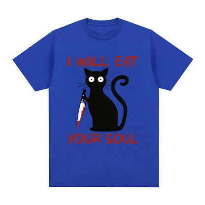 I Will Eat Your Soul Black Cat Horror Blood with Knife Funny Meme T Shirt Men Women Retro Harajuku Oversized Cotton Tshirts Tops