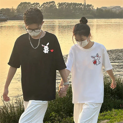 Summer Fashion Cartoon Love Rabbit Couple T-Shirt for Boyfriend Top Quality Men Women Short Sleeve Tshirt