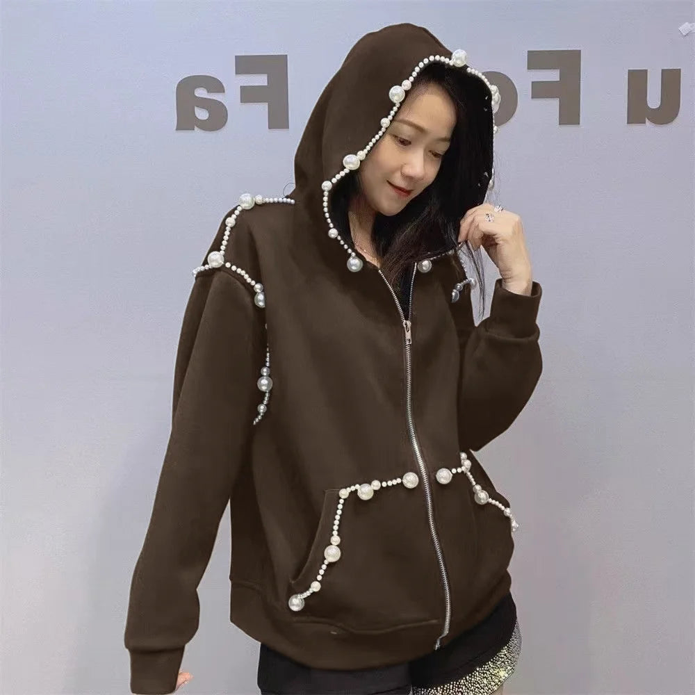 This year's popular super good-looking gray pearl hoodie coat female 2024 autumn new loose casual cardigan top