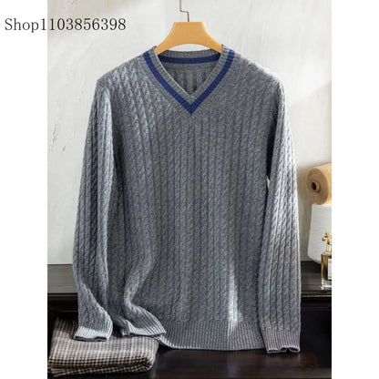 Autumn Winter Men's Sweater V-neck Pullover Tops Male Long Sleeve Twist Sweaters Tops Men Brand Knitted Jumpers Knitwear 6XL