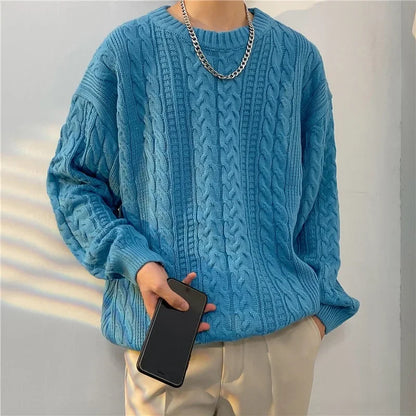 New Men's Sweater Loose-Fit Round Neck Casual Knitted Top Trendy Brand Autumn Winter Vintage Hong Kong Style Cozy Pullover