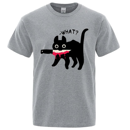 The Killer Cat With A Knife In Its Mouth Tshirts Men Women Summer Cotton Half Sleeve Oversized Loose Cotton Street Tee Shirt