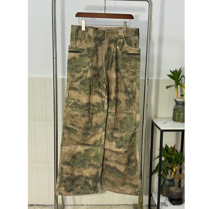 PFNW American Pleated Camouflage Straight Cargo Pants For Men Niche Vintage Loose Wide Leg Pants High Street Trousers 12C1807