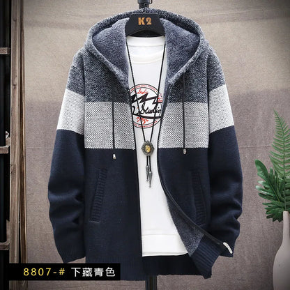 2025 Winter Men Sweater Add Velvet Cardigan Patchwork Color Stand Collar Male Casual Zipper Knitted Thick Warm Sweatercoat