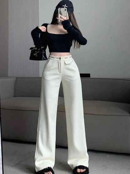 Women's Casual Contrast Spliced High Waist Pants Straight Black Pants Street Trendy Chic Loose Trousers Spring Autumn New