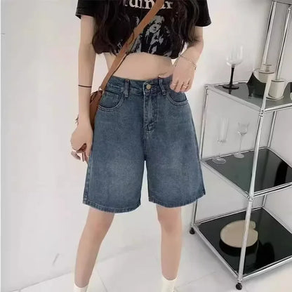 Korean Style Simplewashingdenim Women's High-Waisted Slimming Straight-Leg Wide-Leg Mid-Length Trendy Shorts Summer