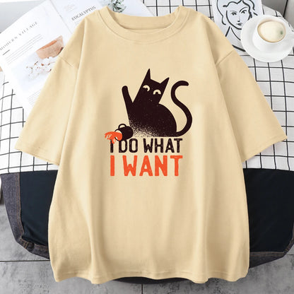 Funny Black Cat Anime I Do What I Want Mans Tops Oversize Trend Tee Clothing Creativity Casual Cotton T-Shirts Men Short Sleeve