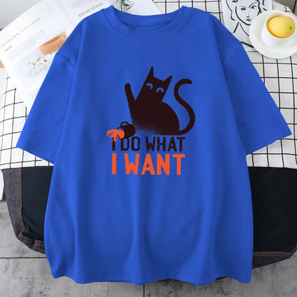 Funny Black Cat Anime I Do What I Want Mans Tops Oversize Trend Tee Clothing Creativity Casual Cotton T-Shirts Men Short Sleeve