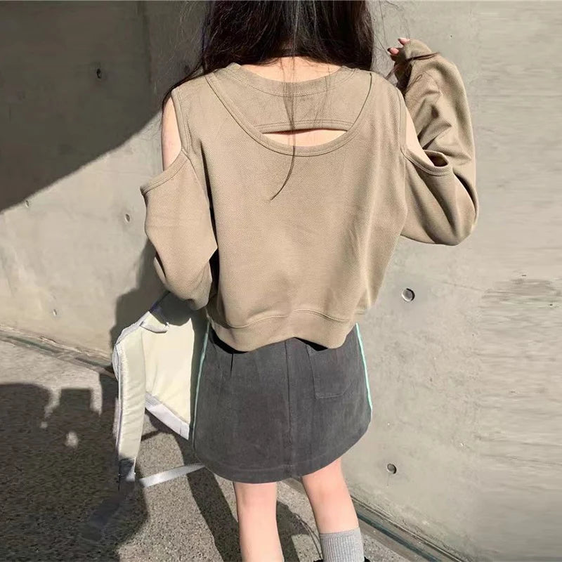 Spring Autumn Casual Fashion Hollow Out Sweatshirt Ladies Loose All-match Off the Shoulder Top Women Korean Style Solid Pullover