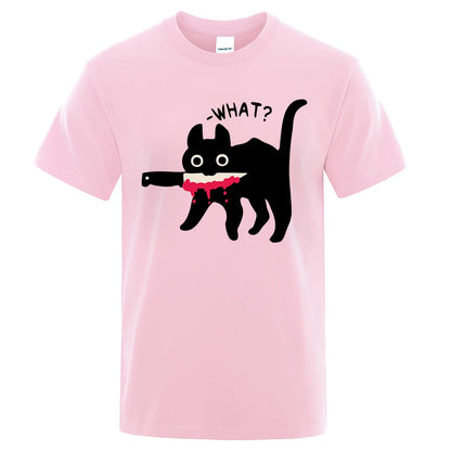 The Killer Cat With A Knife In Its Mouth Tshirts Men Women Summer Cotton Half Sleeve Oversized Loose Cotton Street Tee Shirt