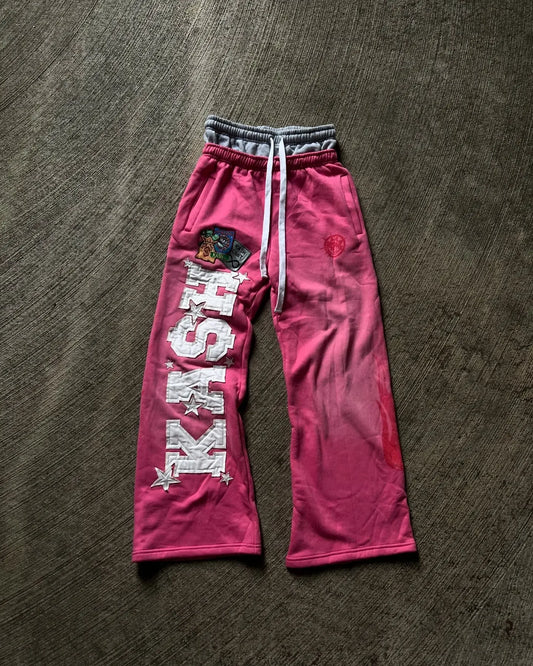 Pink Double Layer Sweatpants Y2K Mens Womens Gothic Hip Hop Letter Patch Retro Baggy Pants Casual Elastic Waist Jogging Pants