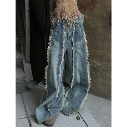 Blue Womens Jeans High Waist Vintage Straight Baggy Pants Y2K Hip Hop Design Sense Streetwear American Wide Leg Denim Trouser