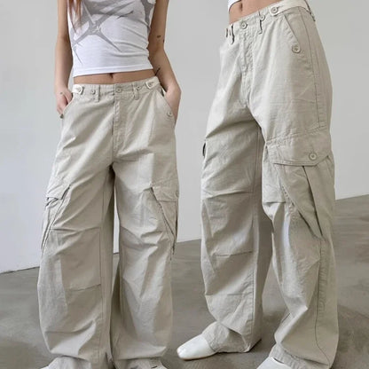 Multiple Pockets Straight Trousers Women 2025 Summer Loose Thin Cargo Pants Y2k Grunge High Waist Casual Wide Leg