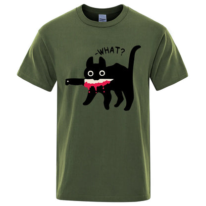 The Killer Cat With A Knife In Its Mouth Tshirts Men Women Summer Cotton Half Sleeve Oversized Loose Cotton Street Tee Shirt