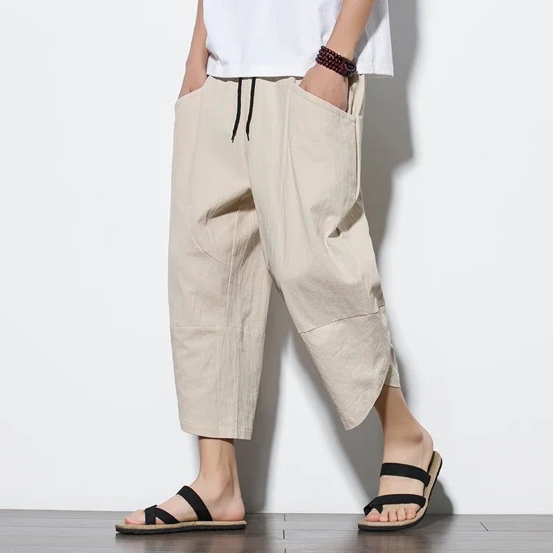 2024 Summer Men's Pants Chinese Style Cotton Linen Harem Pants Men Breathable Beach Pants Casual Calf-Lenght Trousers Streetwear