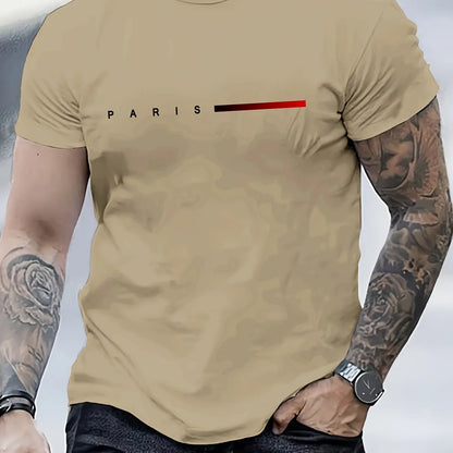 Men's 100% Polyester summer loose PARIS Creative Letter print casual slim fit round neck short sleeved T-shirt top