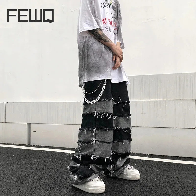 FEWQ Men's Tassel Darkwear Jeans Vintage Trendy Patchwork Male Denim Trousers High Street Straight Pants 2023 Spring New 24B2185