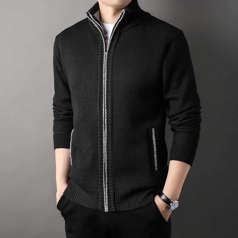 Men's Stand-up Collar Knit Sweater Autumn Winter New Cardigan Tops Korean Slim Solid Color Sweatercoat Jacket