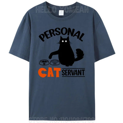 Black Cat Personal Cat Servant Funny Cat Meme Women Men's T-Shirt Clothing Short Sleeve Cotton Round Neck Tees Shirts Tops