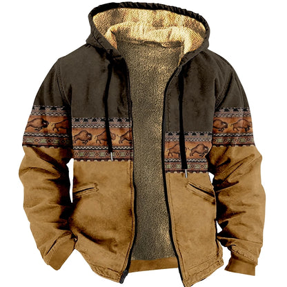 Men's Zipper Hoodies Bison Pattern Print Casual Winter Clothing Long Sleeve Sweatshirt Casual Hooded Jacket Outerwear