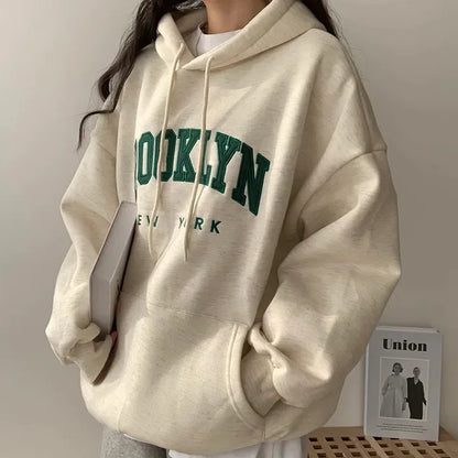 Letter Print Women Sweatshirt 2024 New Warm Full Sleeve Hoodies Ladies Streetwear Winter Pullovers Loose Clothes Hooded Pocket