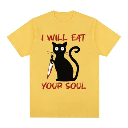 I Will Eat Your Soul Black Cat Horror Blood with Knife Funny Meme T Shirt Men Women Retro Harajuku Oversized Cotton Tshirts Tops