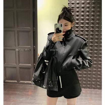 American Retro Stand Collar Casual Jacket Top Women Cool Motorcycle French Temperament Fashion Autumn Streetwear Female Wear New