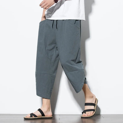 2024 Summer Men's Pants Chinese Style Cotton Linen Harem Pants Men Breathable Beach Pants Casual Calf-Lenght Trousers Streetwear