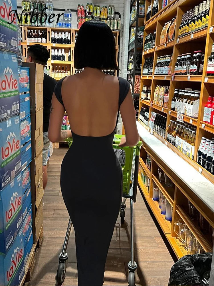 Nibber Solid Sexy Backless Maxi Dress Women Elegant Elastic Slim Short Sleeve Long dresses Female Bodycon Streetwear Clothing