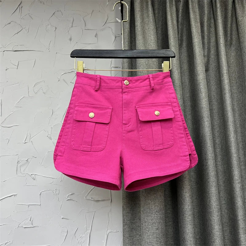 Rose Red High Waist denim Shorts 2023 Summer Fashion Split Thin Button All-Match A-line Wide-Leg Cargo Pants Femal Solid Jeans