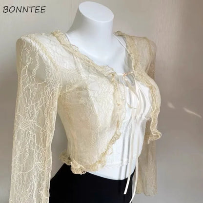 Shirts Women Lace New Summer Sunscreen French Style Cropped Designed Sweet Gentle Elegant Office Lady Sexy Popular Chic Vintage