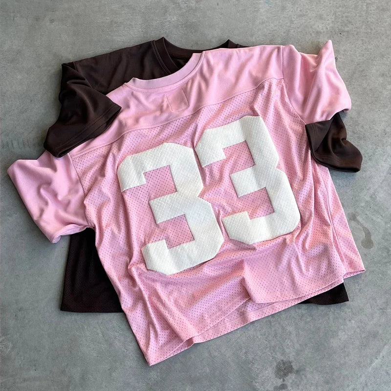 Oversize Pink 33 Jersey College Street Style T-shirt for Women Trendy Ins Couple Sportswear Mesh Quick Drying Football Y2k Tops