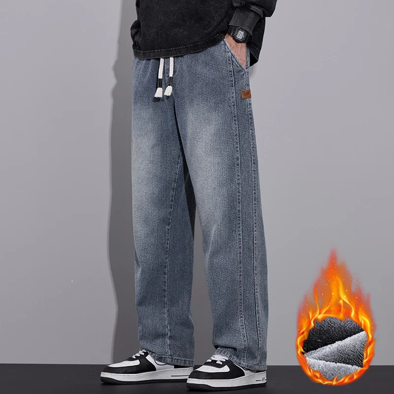 Fleece Thickened Warm Men's Baggy Straight Jeans Fashion Streetwear Wide Leg Denim Pants Vintage Classic Thermal Trousers Male