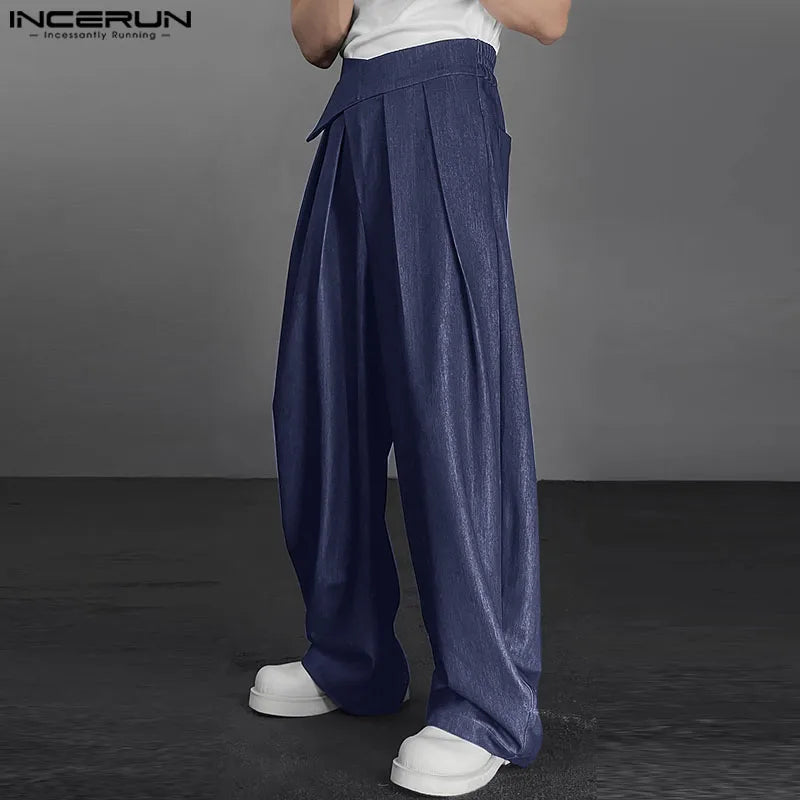 INCERUN Men Pants Solid Color Loose Joggers Casual Straight Trousers Men Streetwear 2024 Pleated Korean Style Fashion Long Pants