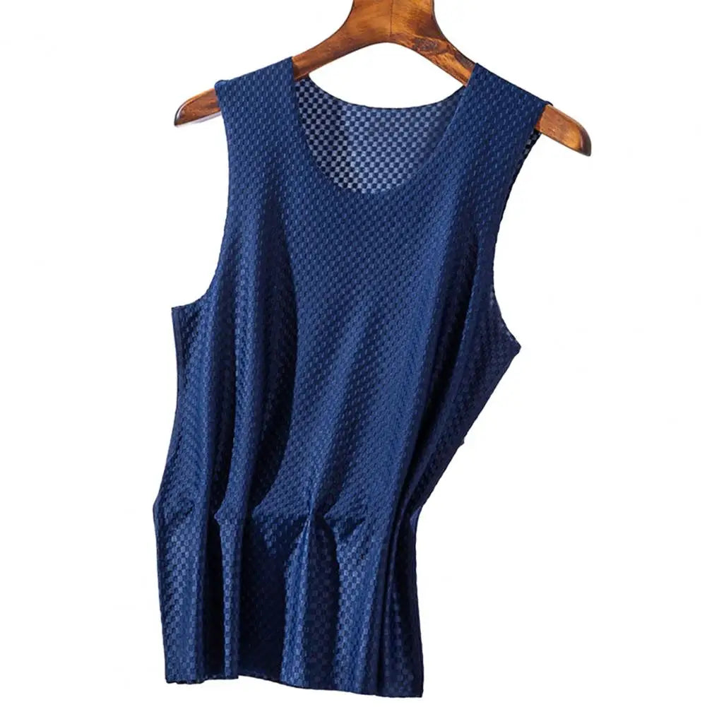 V-neck Sleeveless Men Vest Grid Texture Thin Elastic Solid Color Ice Silk Seamless Fitness Gym Workout Undershirt Sportwear