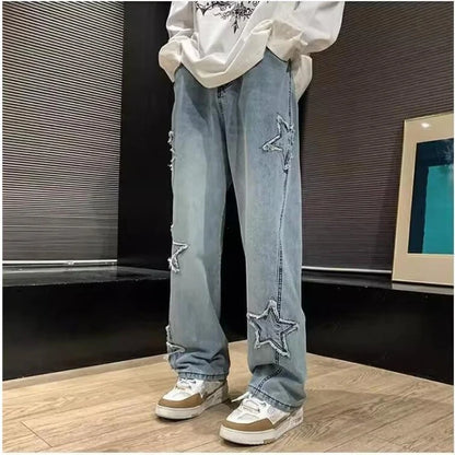 2024 New Fashion Stars Towel Embroidery Brown Men Jeans Pants Y2K Clothes Straight Hip Hop Cotton Trousers Pantalon Homme