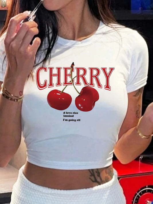 Cherry Print Crew Neck Crop T-shirt - Vibrant Y2K Inspired Short Sleeve Top for Spring and Summer Women's Fashion Clothing