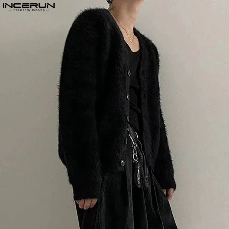 INCERUN Men Sweaters Solid Color Plush V Neck Long Sleeve Casual Cardigan Men Streetwear 2023 Fashion Leisure Knitted Outerwear