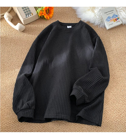 Basic Casual Waffle Long Sleeve Men's Oversized Lightweight Sweatshirt Breathable Loose Round Neck Sweatshirt Unisex Clothing